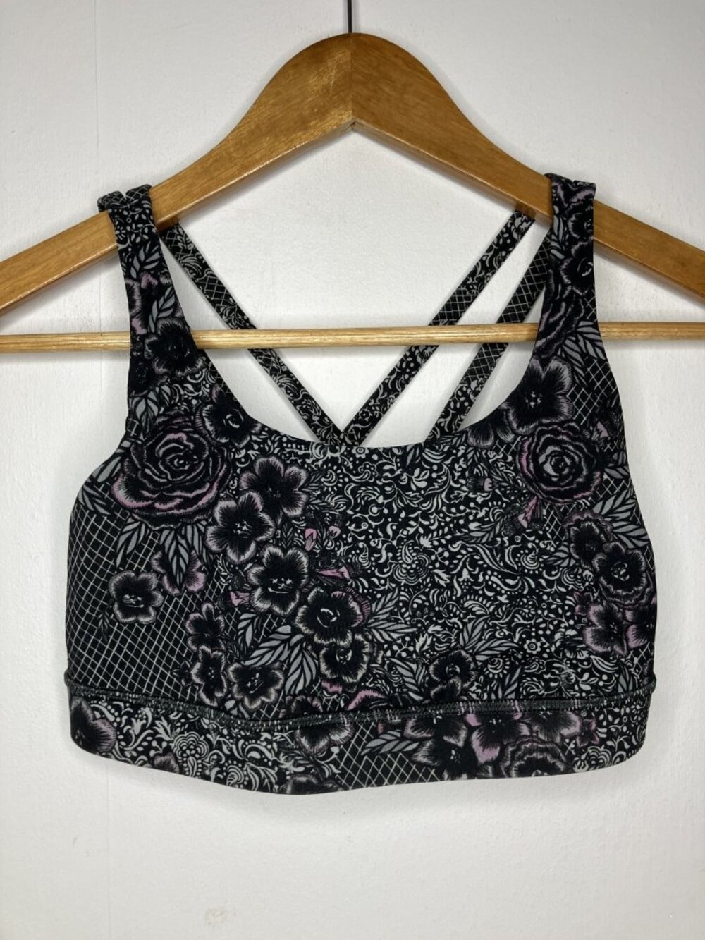 Lululemon Sports Bra Size 4 Black Gray Floral Criss Cross Straps